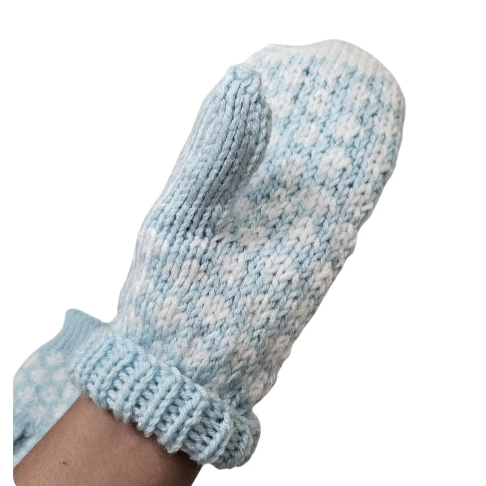 Hand Crafted Crochet Mittens Heart Design Ribbed Trim One-of-a-Kind Blue White